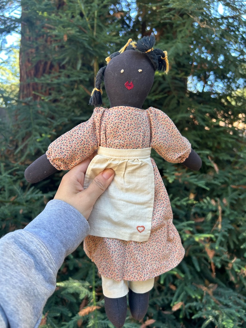 Vintage Handmade Fabric Rag Doll in Peach Floral Dress with Cream Apron